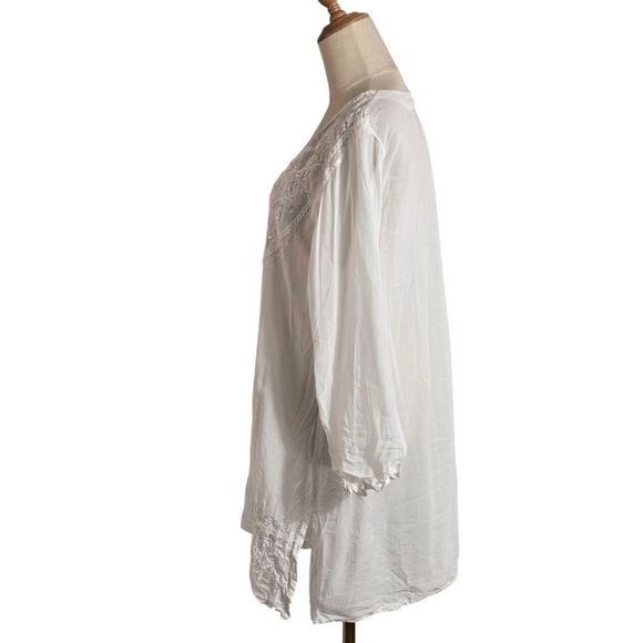 White Embroidered Boho Beaded Tunic Top Or Beach Cover - Picture 3 of 5